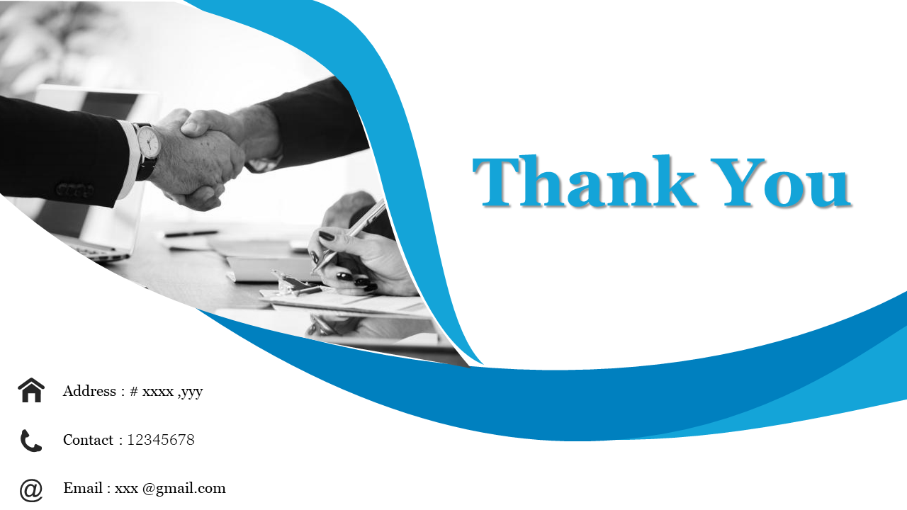 Thank You slide with a handshake image, a person writing, and contact details address, phone, and email in a white backdrop.