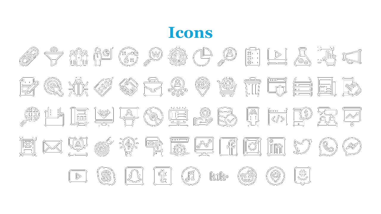 Slide showcasing a variety of business icons arranged in five rows under the title on a white backdrop.