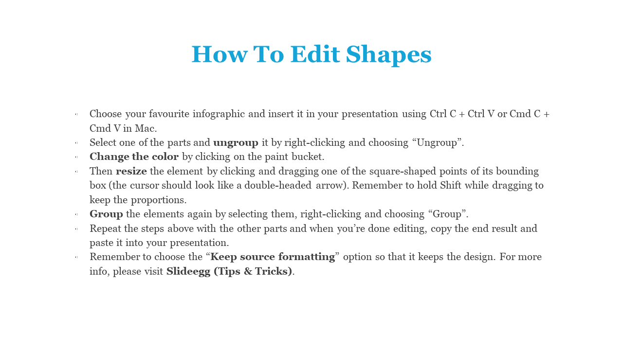 Slide detailing steps on editing shapes within infographics for presentations on a white backdrop with bullet points.