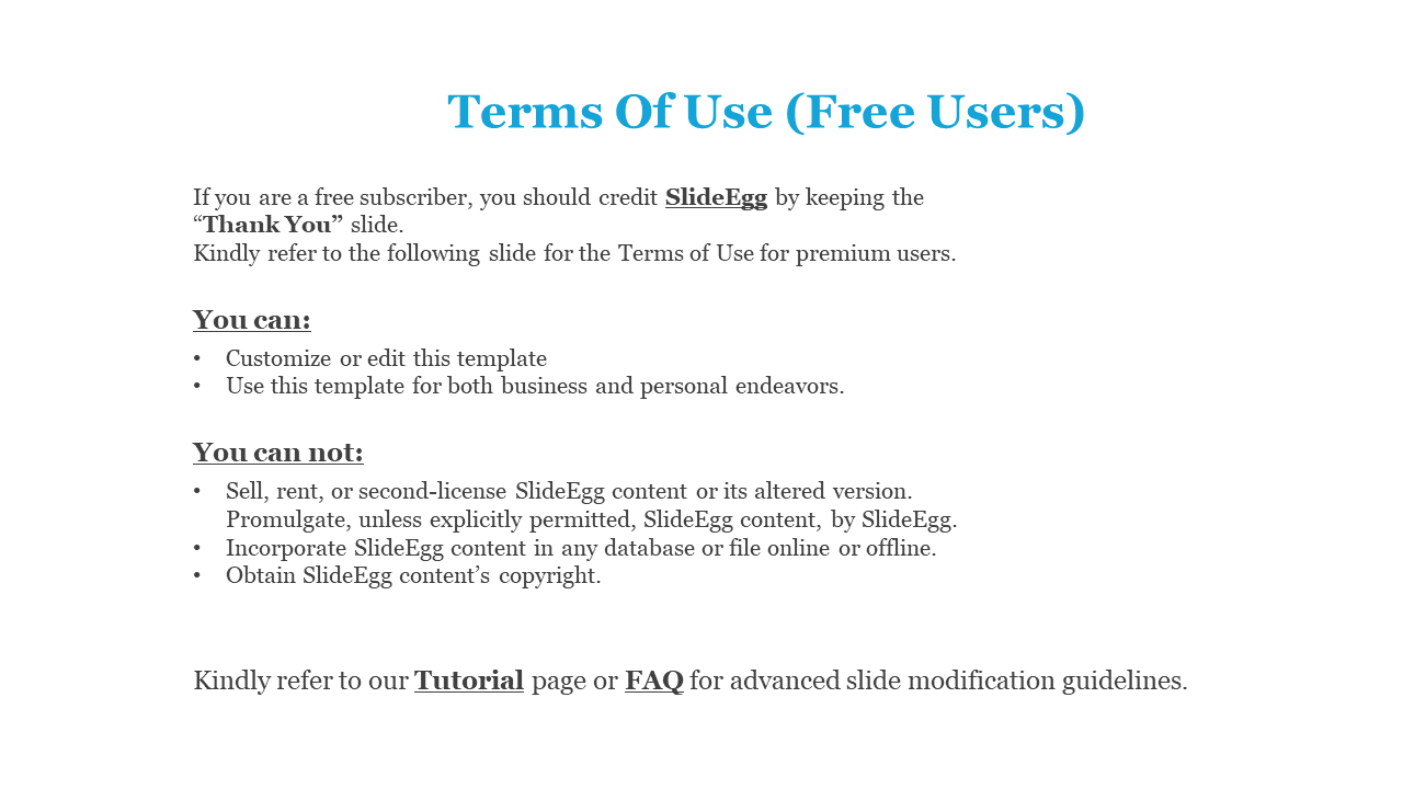 Slide explains the terms of use for free users of SlideEgg templates including what is allowed and prohibited in white theme.