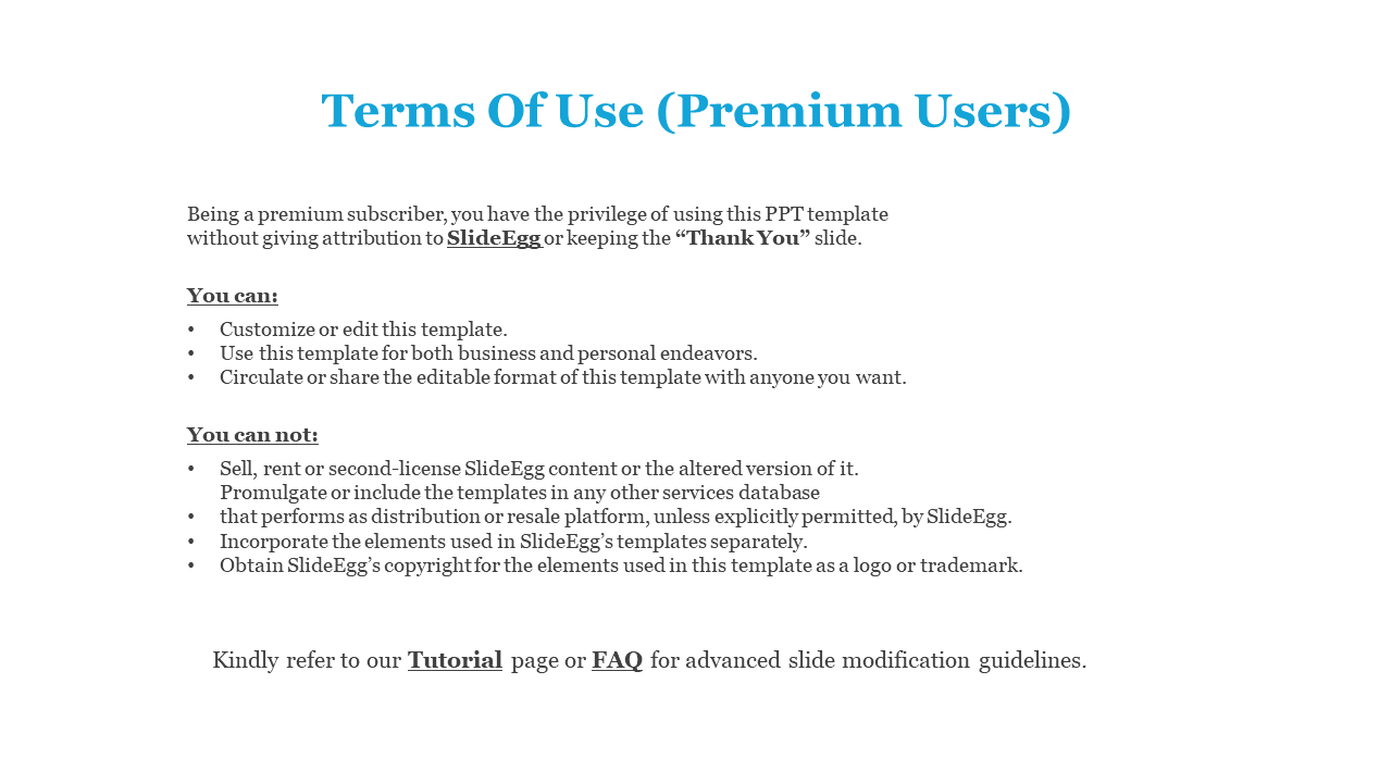 Terms Of Use premium users slide detailing what premium SlideEgg subscribers can and cannot do with templates.