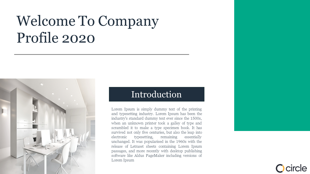 Welcome To Company Profile 2020 slide with an office space photo placeholder text and company logo in white theme.