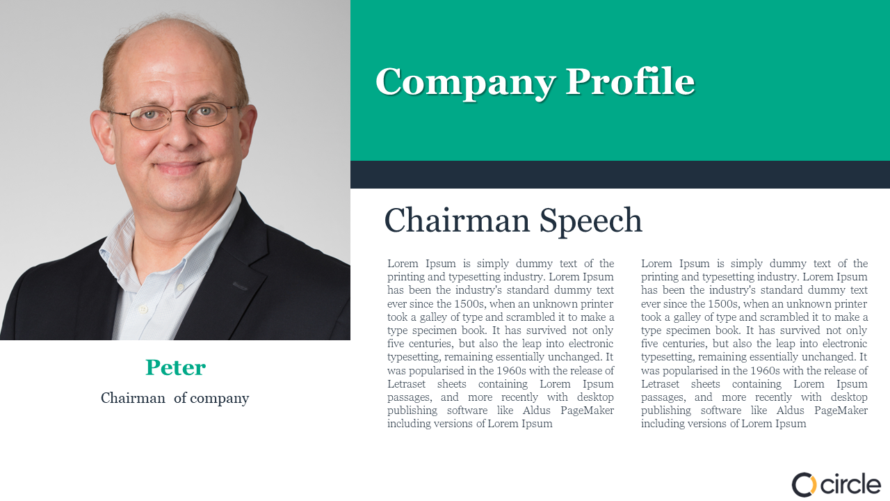 Company Profile slide featuring Peter, Chairman of the company, with placeholder text and company logo in white theme.