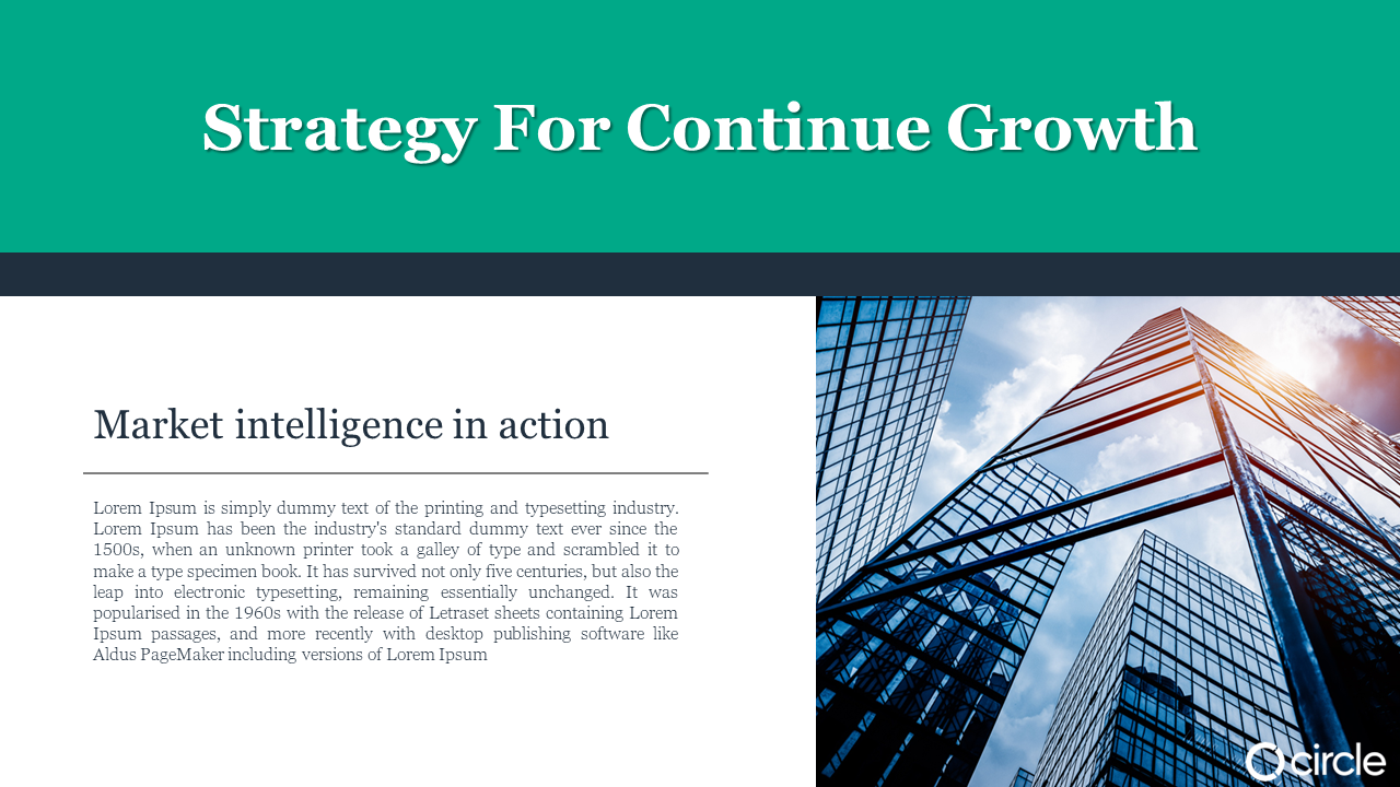 Strategy For Continue Growth slide with heading on market intelligence, industry text and a skyscraper image in white theme.