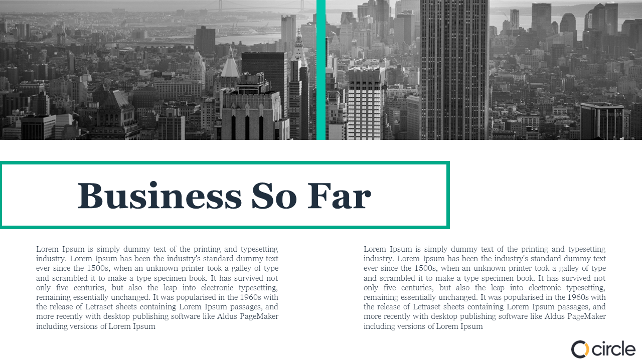 Business so far slide with black and white cityscape and text about the history of the printing industry.