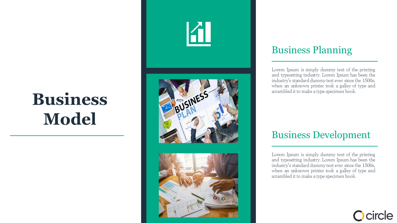 Business Model slide with sections for planning and development, including two related photos on a white backdrop.
