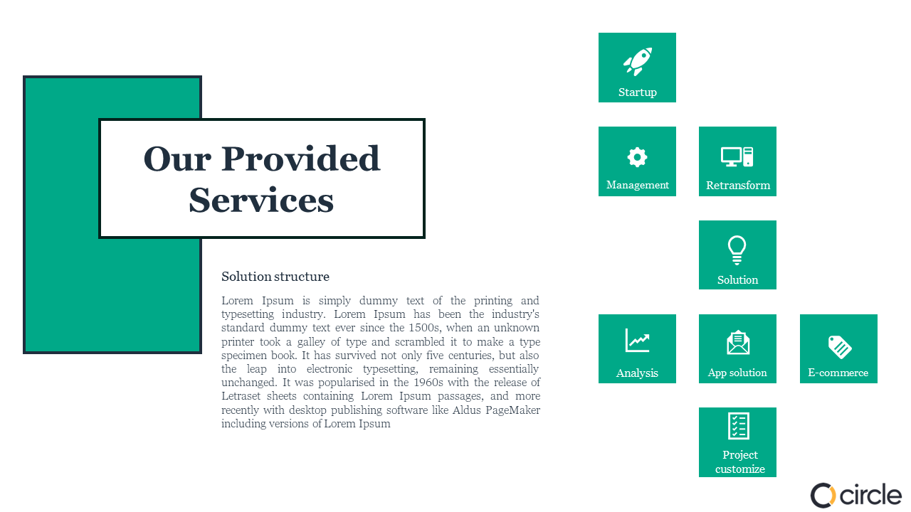 Our Provided Services slide features green icons for services like Startup, Management, Solution, and more with text areas.