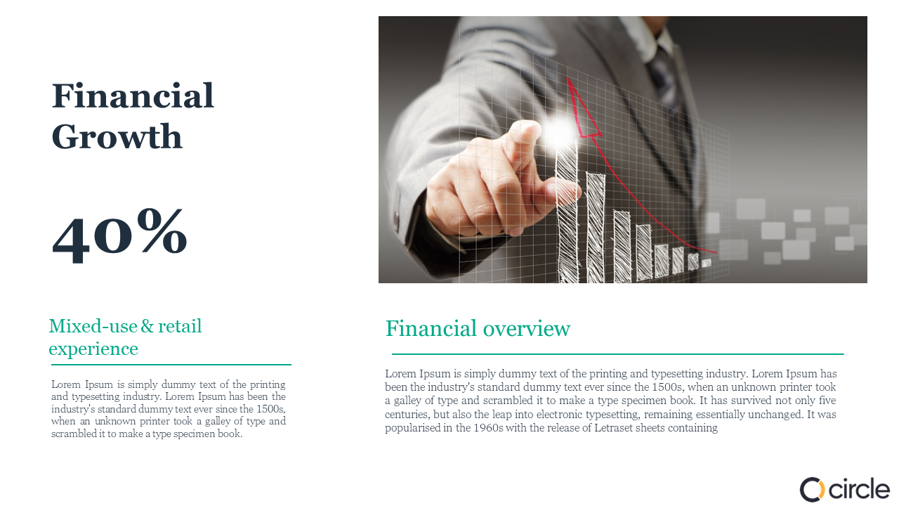 Financial Growth slide showing a 40 percent value, a bar chart, and a businessperson interacting with financial data.