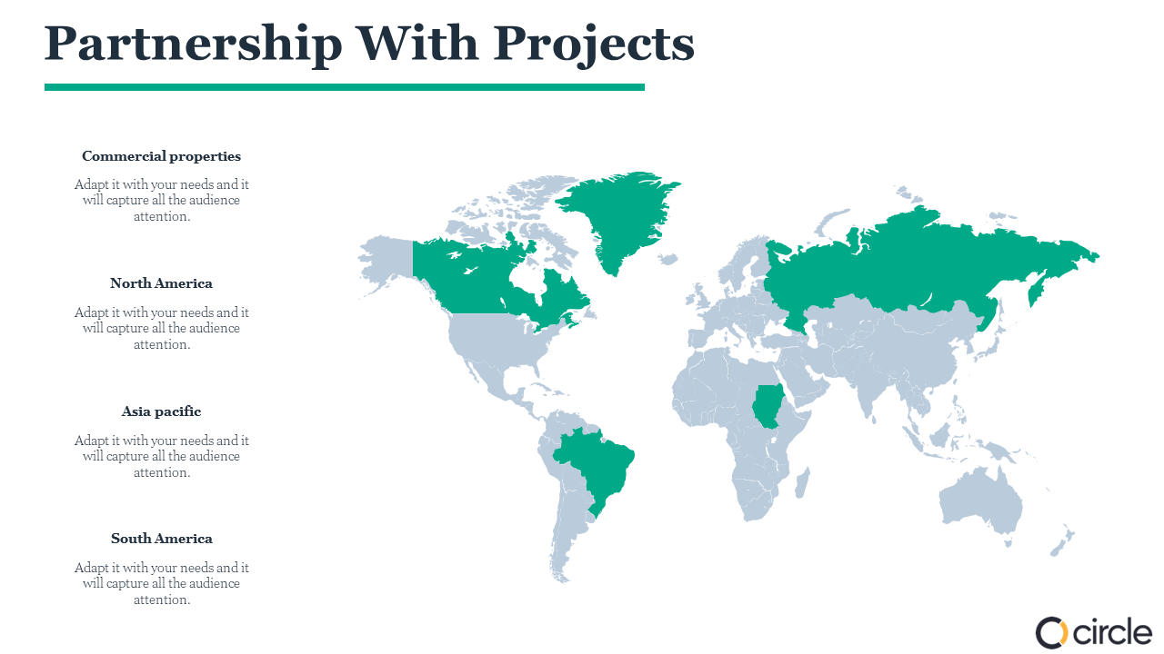 A world map highlighting regions with projects in Commercial Properties, North America, Asia Pacific, and South America.