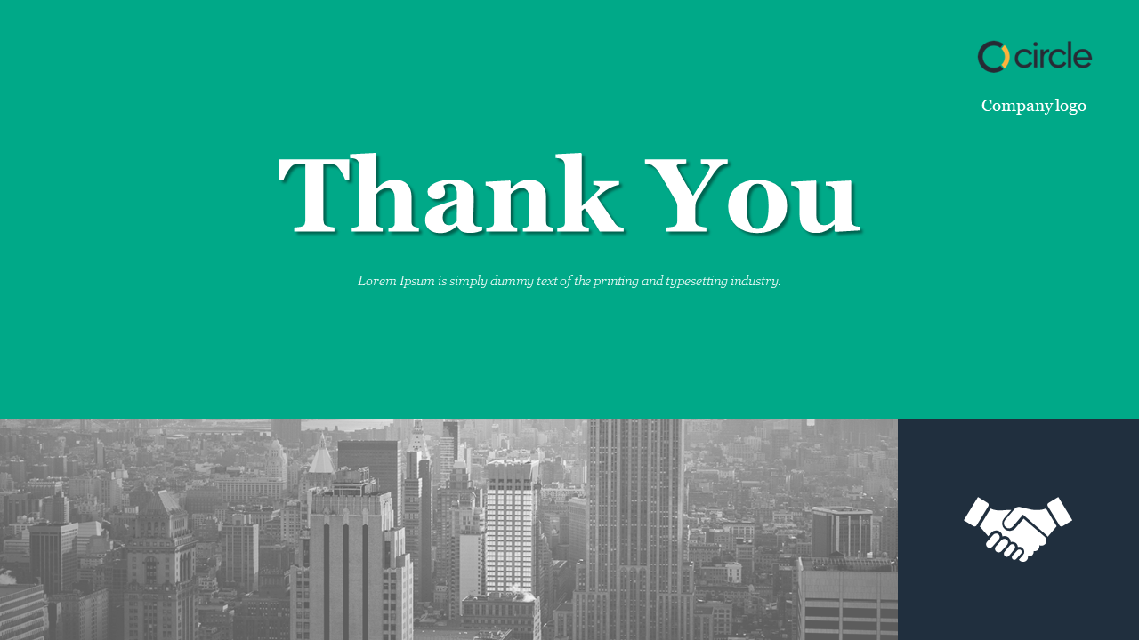 Thank You slide featuring a cityscape background in black and white with a handshake icon and company logo on the right side.