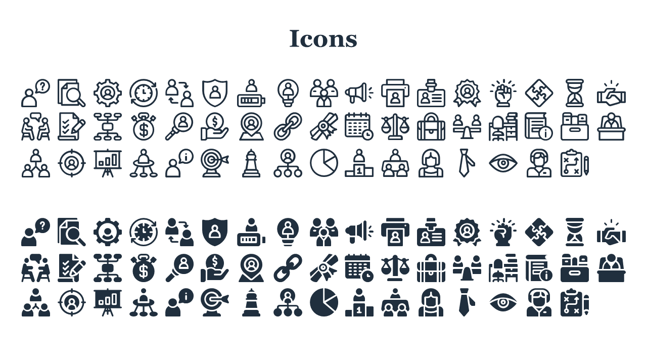 A collection of various black icons, such as people, shields, charts, and other business related symbols, arranged in rows. 