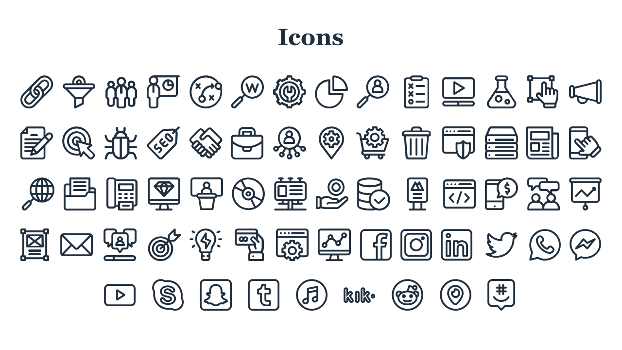 A collection of various icons arranged in rows, covering symbols like links, funnels, people, charts, social media platforms.