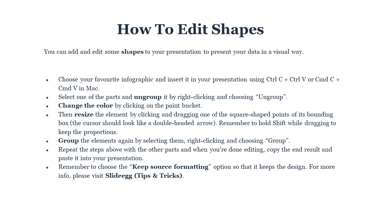 How To Edit Shapes slide with instructions on adding and editing shapes in a presentation on a white theme.