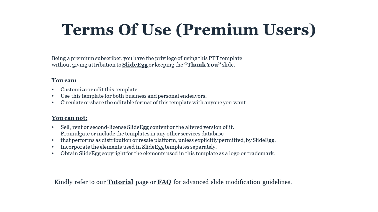 Terms Of Use Premium Users outlining the terms for premium subscribers of SlideEgg with bullet points on a white theme.