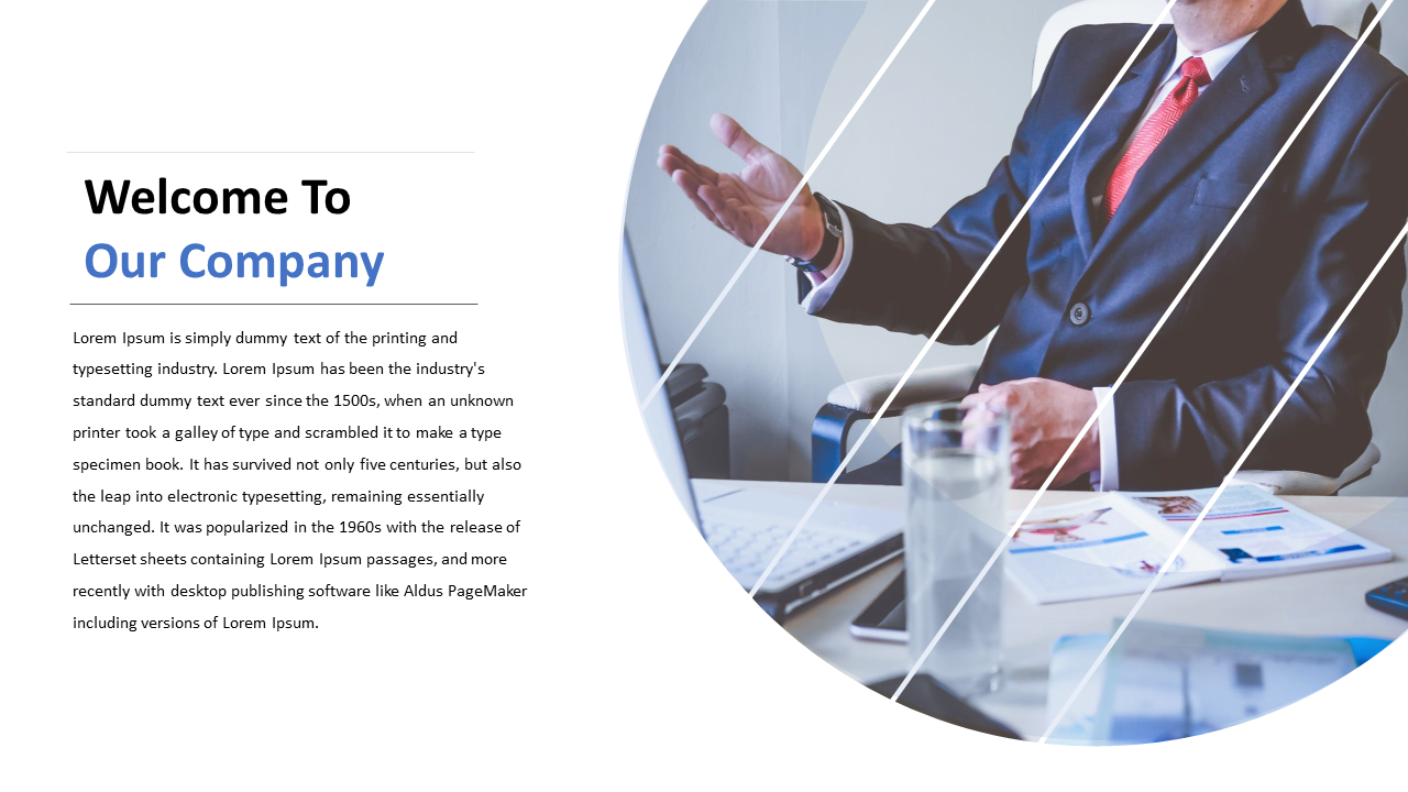Business presentation slide with a photo of a man in a suit giving a presentation and text introducing the company.
