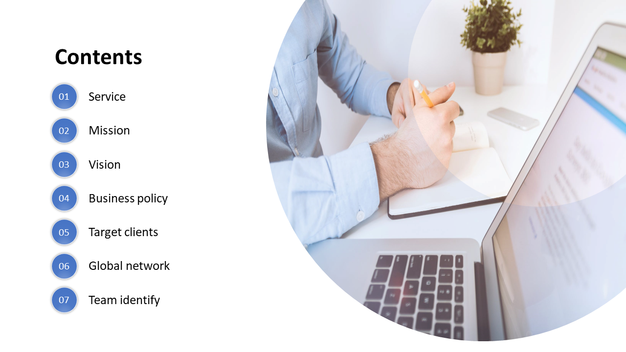 Slide featuring a contents list with numbered items and an image of a person writing notes at a desk with a laptop.