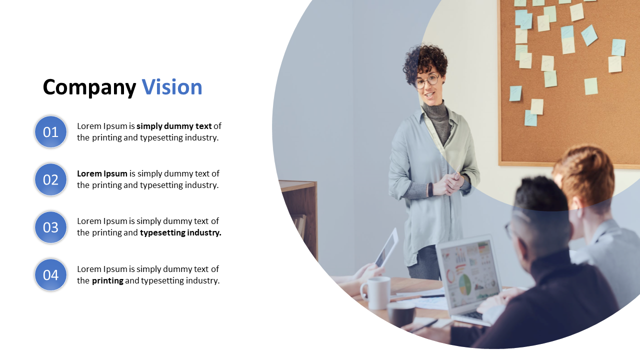 Corporate slide featuring a company vision statement and an image of a woman presenting to a team in a meeting space.