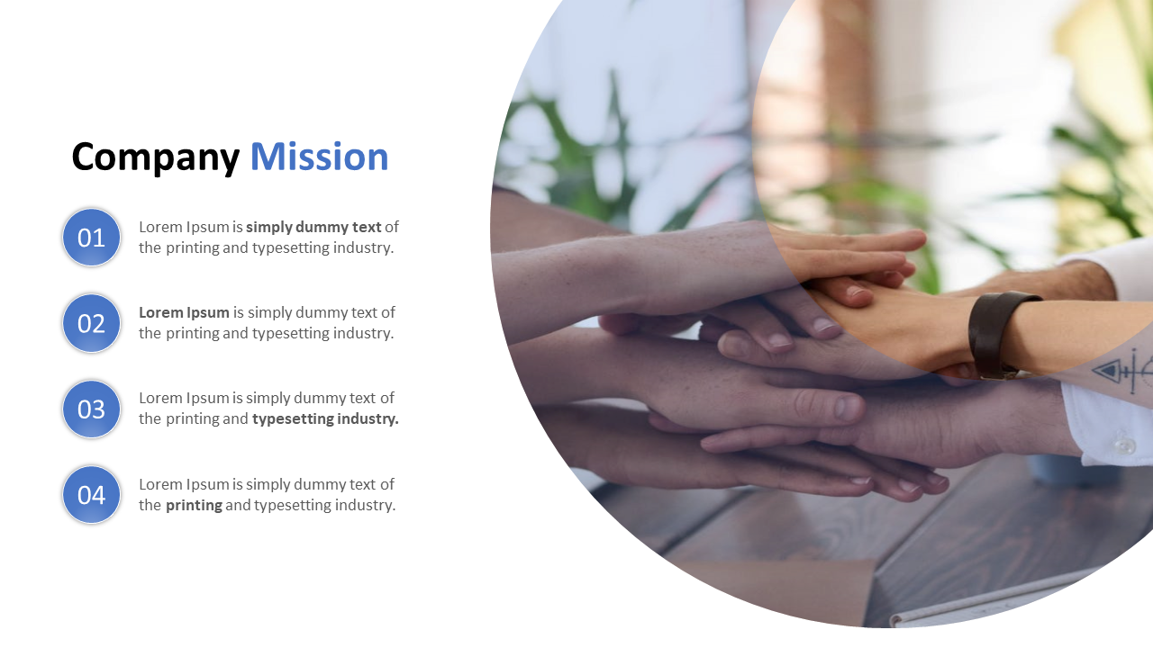 Business slide showcases the company mission with 4 points listed on the left and an image of hands stacked in unity.