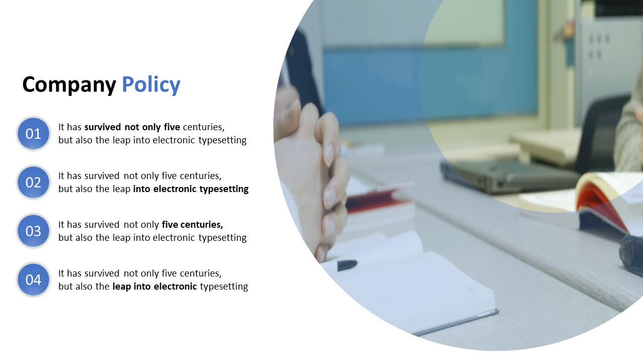 Business presentation slide showing company policy points with a photo of people shaking hands in a meeting room.