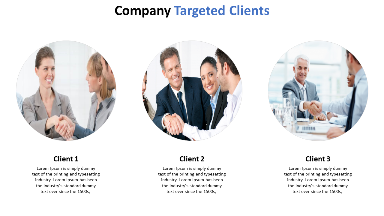 Slide showing targeted clients with three images of business people shaking hands, each with corresponding descriptions.