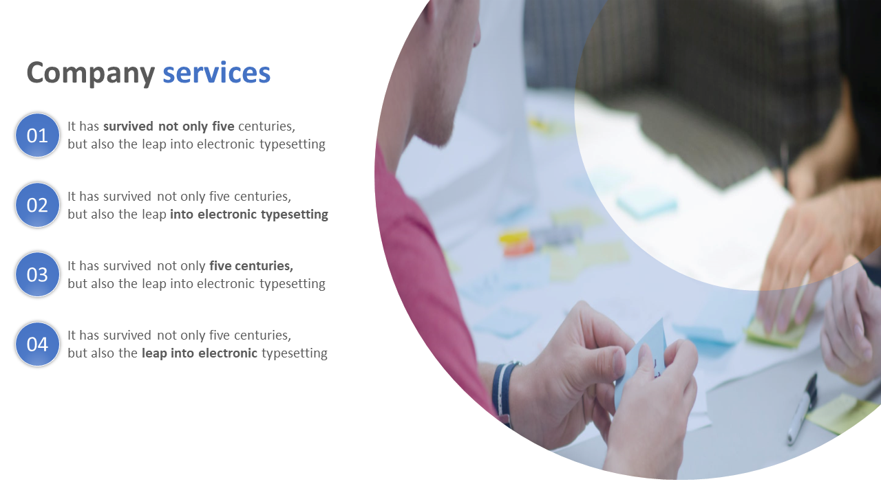 Slide showcasing company services with four points on the left and a photo of hands working with sticky notes.