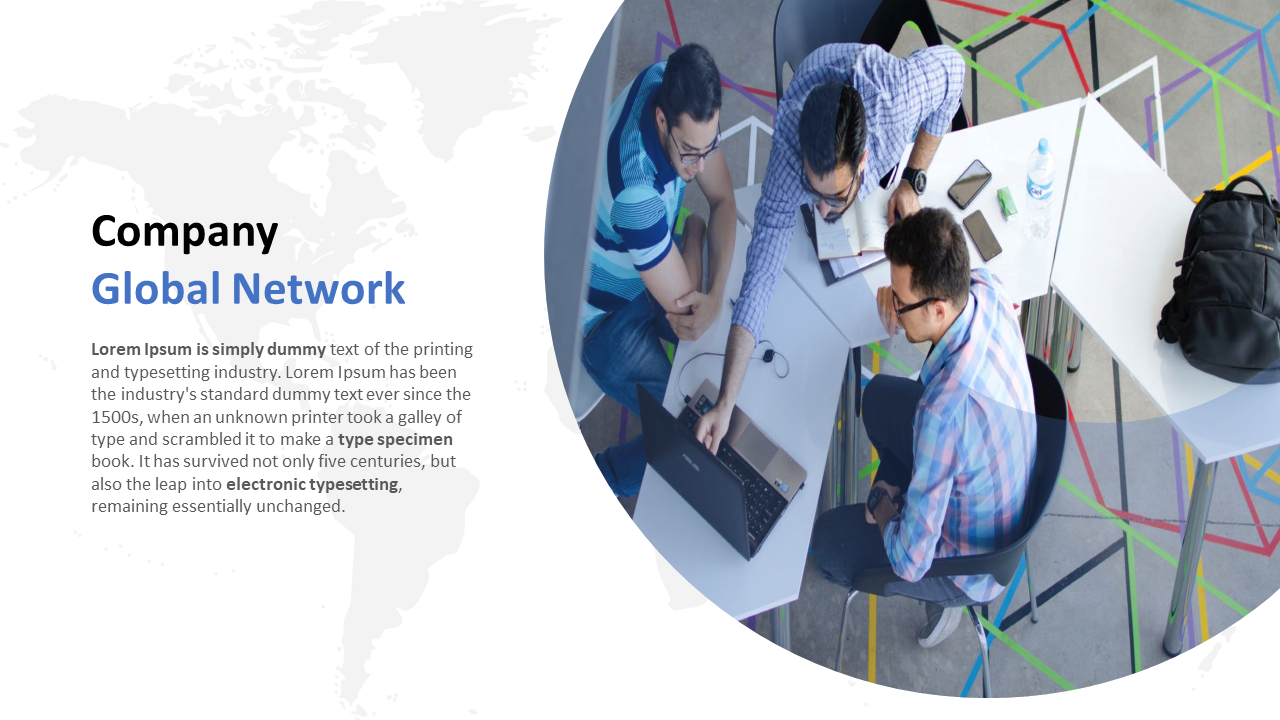 Company global network slide with an image of three people collaborating around a table, with a world map in the background.