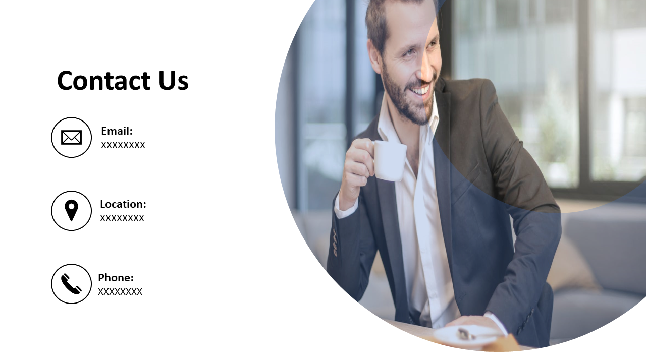 Contact Us slide features man in a suit drinking coffee with icons and placeholders for email, location and contact details.
