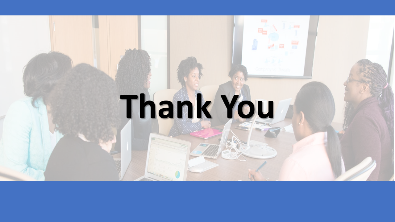 Thank you slide featuring a blue banner with a group of professionals in meeting collaborating with laptops and a projector.