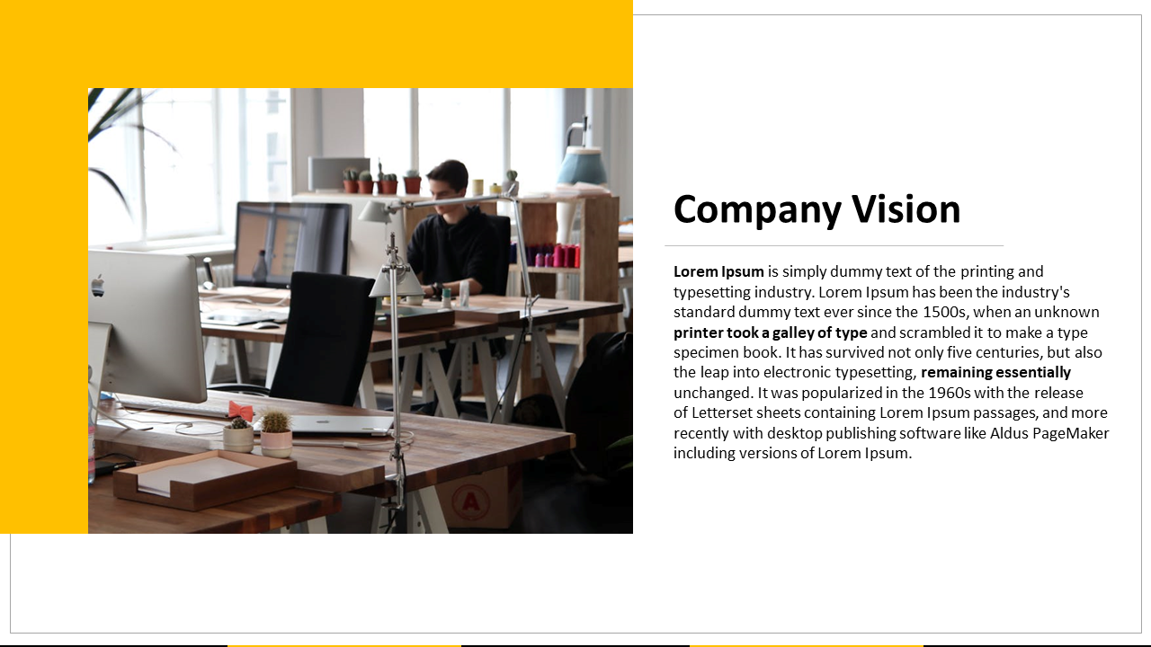 Company vision slide featuring a yellow background, an office setting with computer desks, and text about the origins.