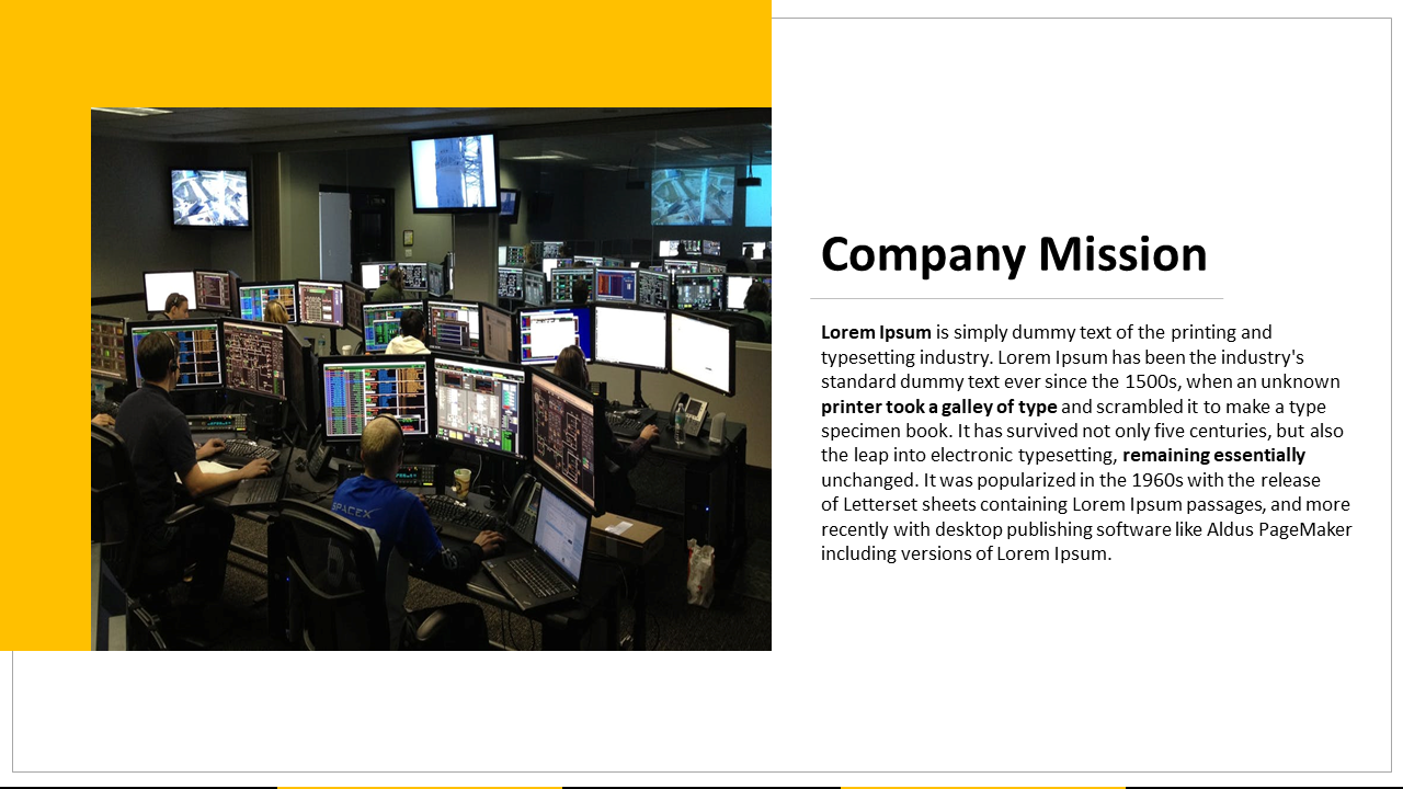 Company Mission slide with a photo of a control room filled with multiple monitors and workers, with a text description.