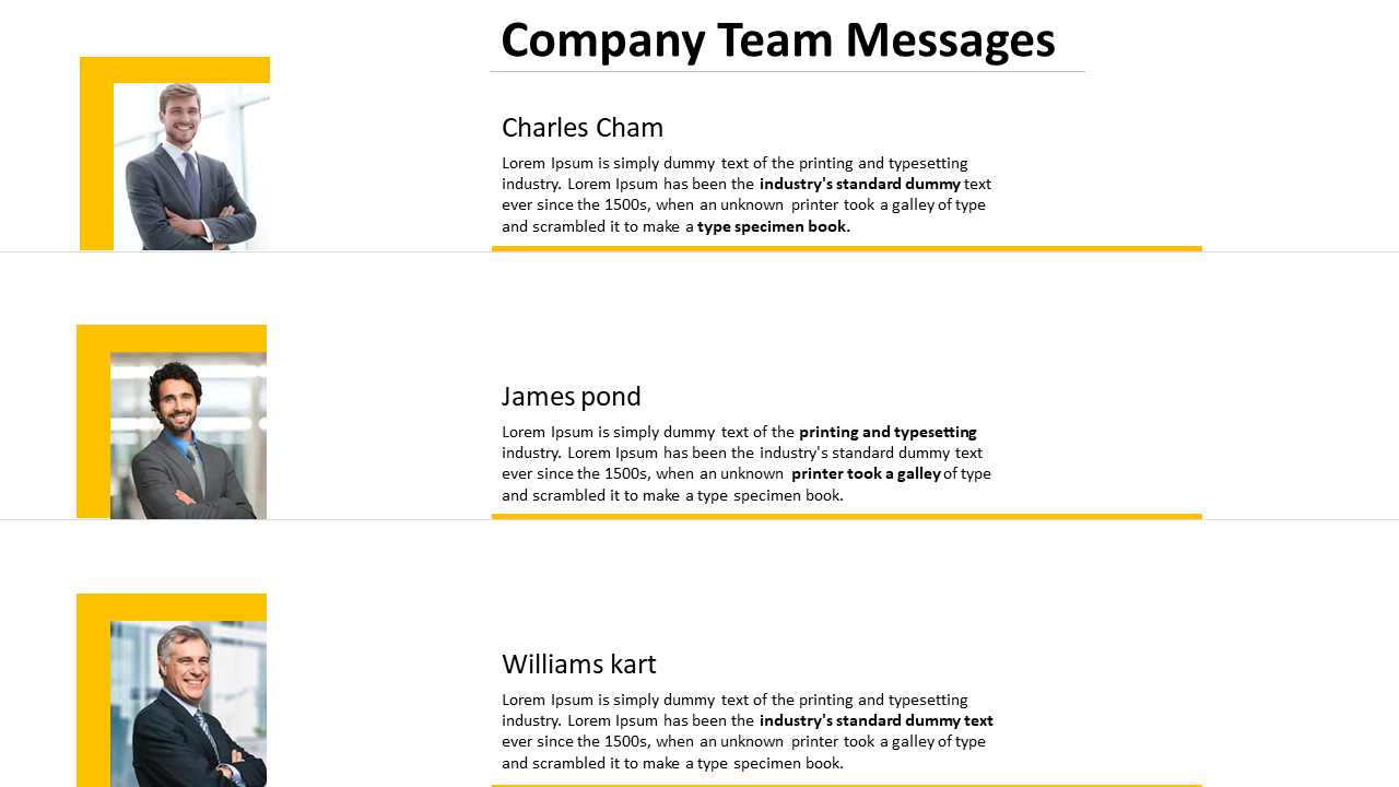 Company team messages slide features portraits and descriptions of Charles Cham, James Pond and Williams Kart in white theme.
