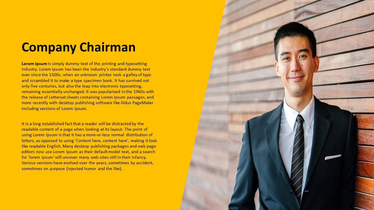 Company Chairman with a portrait of a man in a suit standing against a wooden wall along with description in a yellow theme.