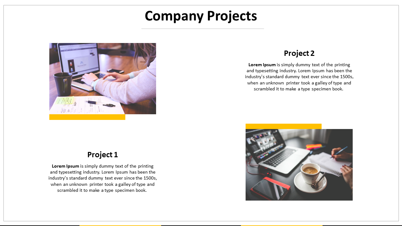 Company Projects slide with Project 1 and 2, featuring images of workspaces and desk setups, alongside descriptive text.