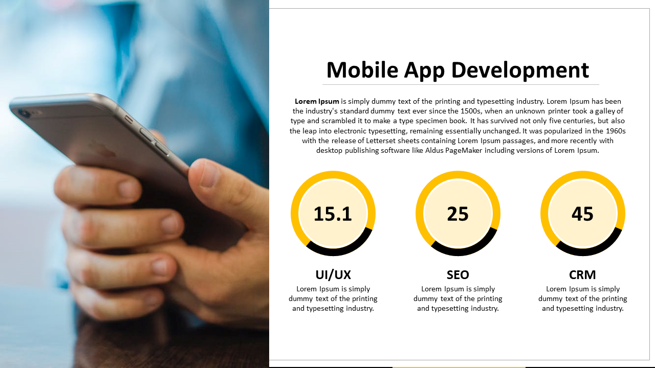Mobile app development slide featuring a person holding a smartphone, with statistics in circular progress indicators.