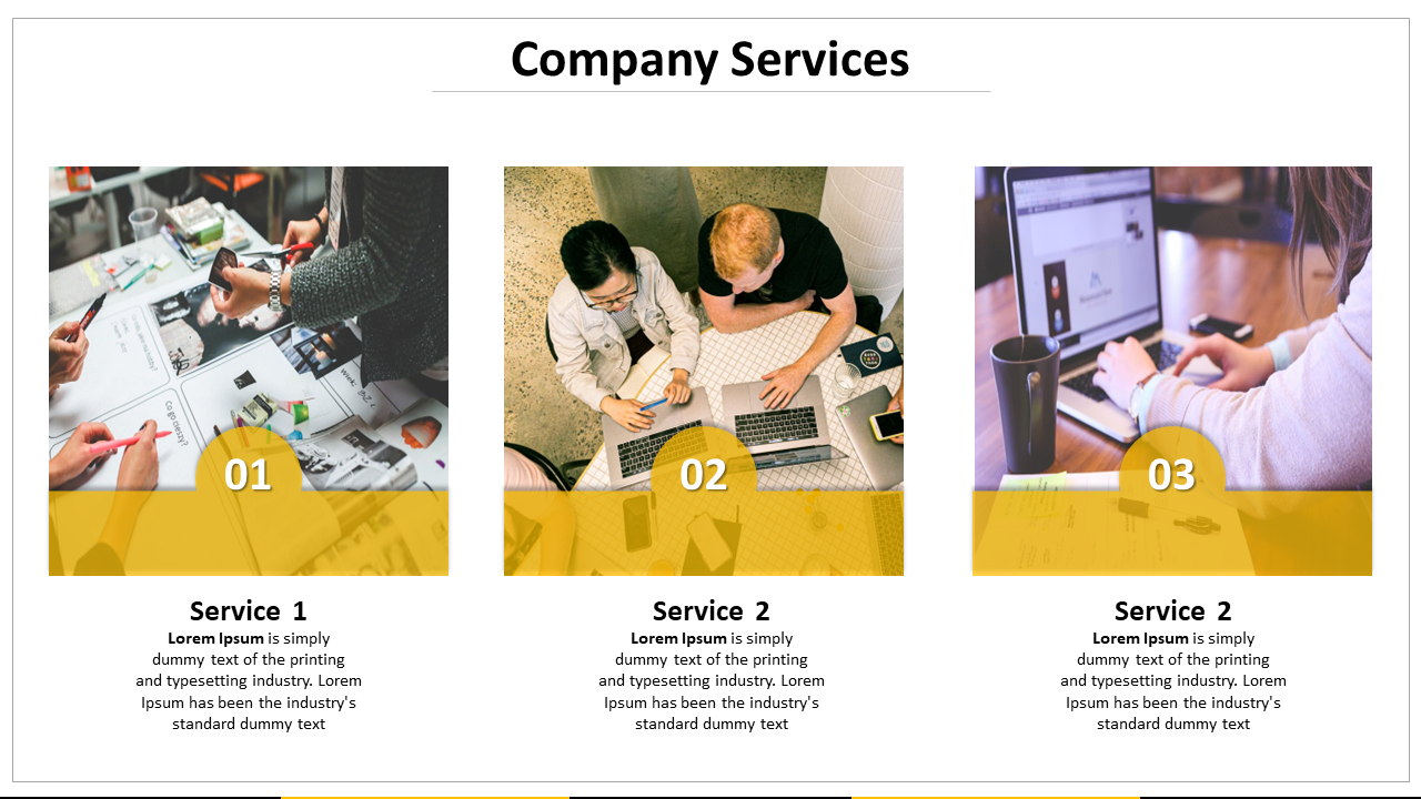 Company services slide in 3 sections with people working with papers, a team collaborating, and a person working on a laptop.