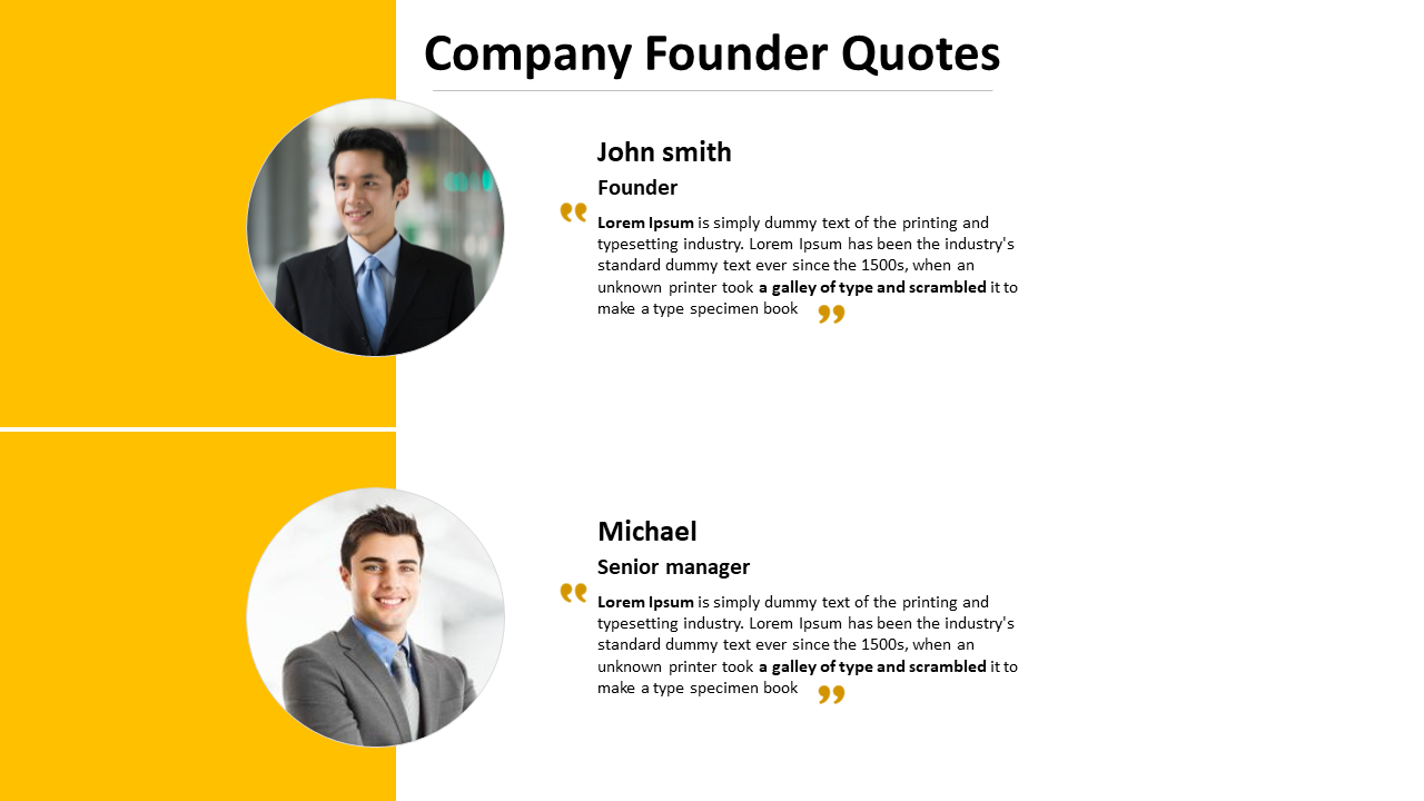 Company founder quotes section with photos each accompanied by a quote in a yellow and white themed layout.