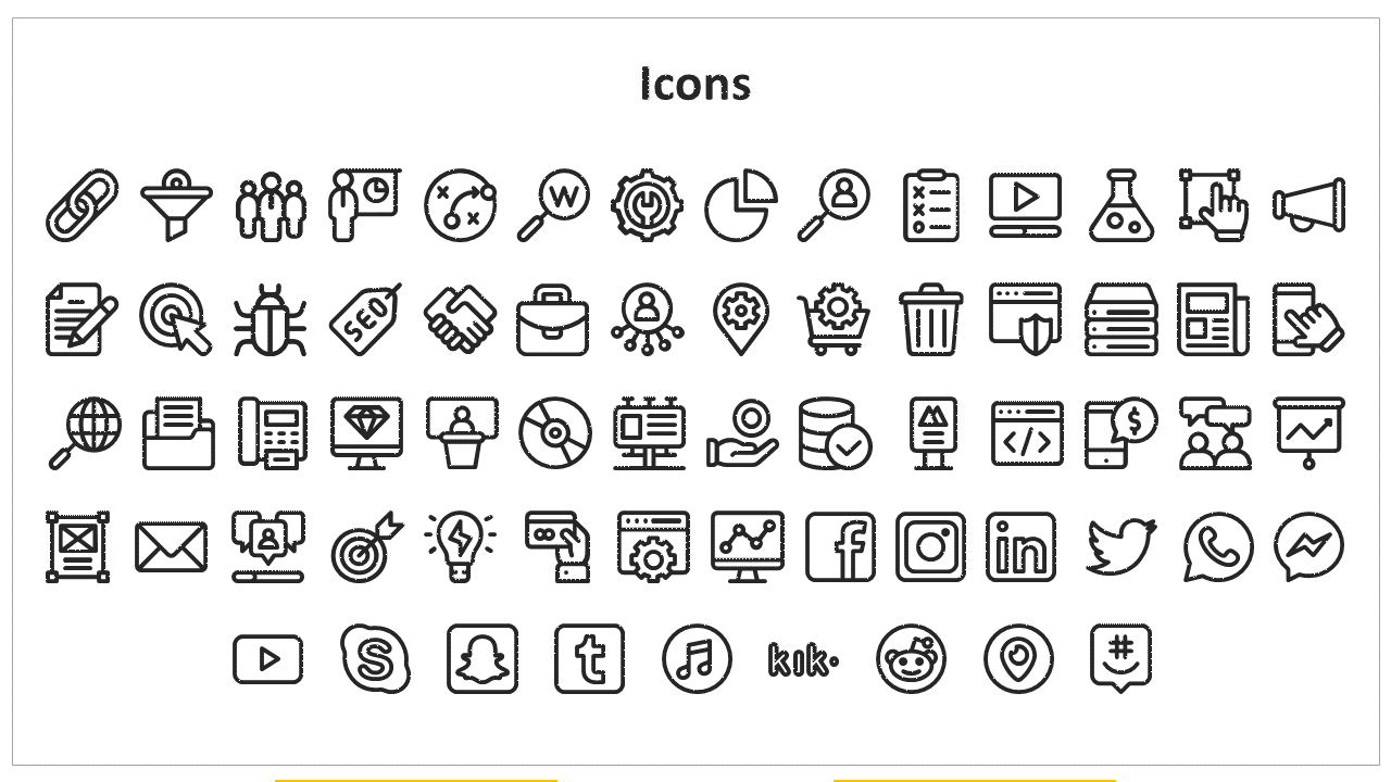 A grid of black and white icons representing business tools, social media, and various internet related services.