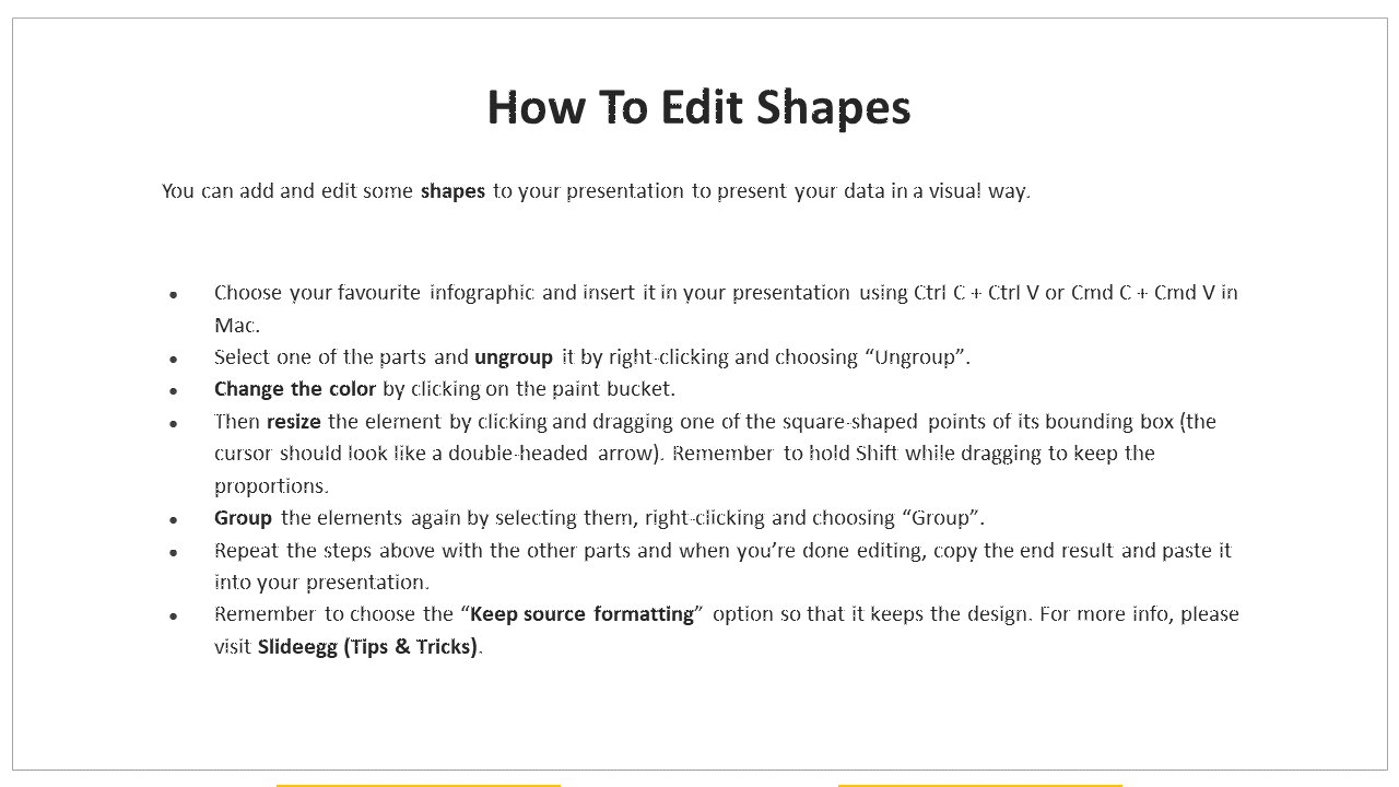 Instructions on editing shapes in a presentation, including steps to ungroup, resize, and change colors in a white theme.