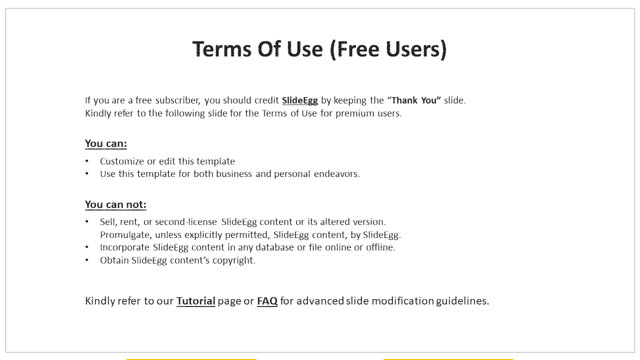 Terms of use for free users of SlideEgg, including guidelines for customizing, editing, and using templates in a white theme.
