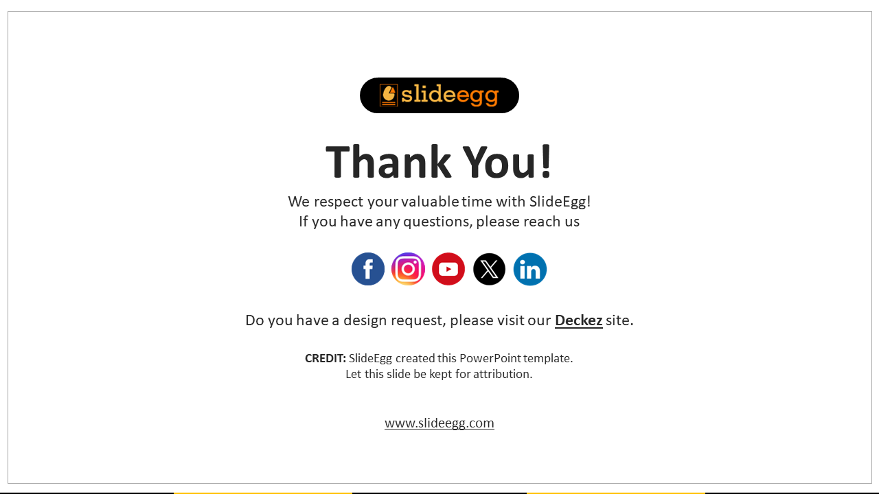 A thank you slide from SlideEgg with social media links and a credit note for the PowerPoint template on a white backdrop.