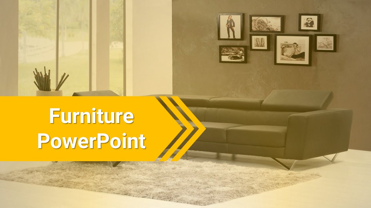 Modern furniture in a bright room with a sofa, decorative pictures, and a plant, with a bold caption in yellow theme.