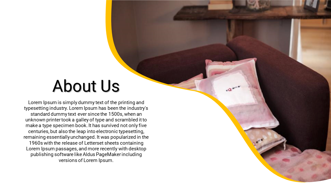 Cozy sofa with colorful cushions in a modern living room, with an about us heading and descriptive text on a white theme.