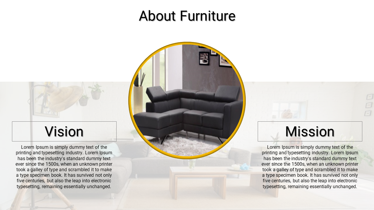 Modern living room with a black sectional sofa, featuring sections for Vision and Mission.