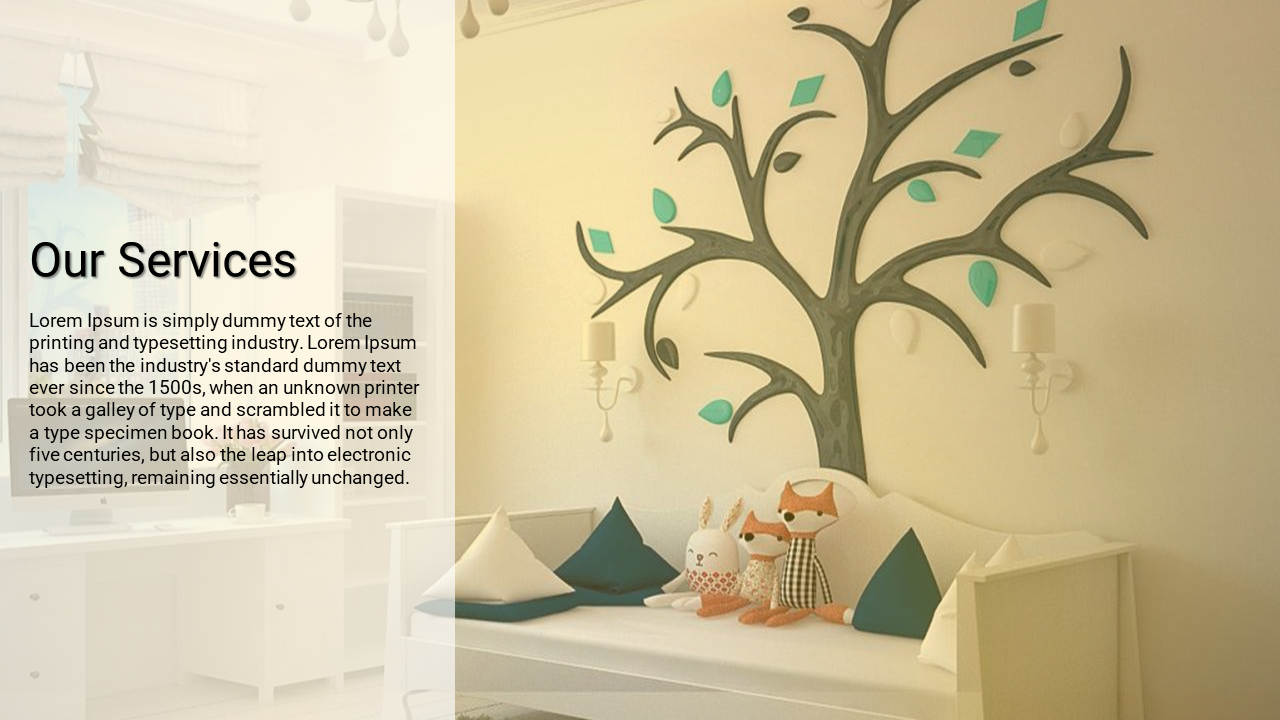 Interior design slide showcasing a white bedroom with whimsical tree wall decoration and plush animals.