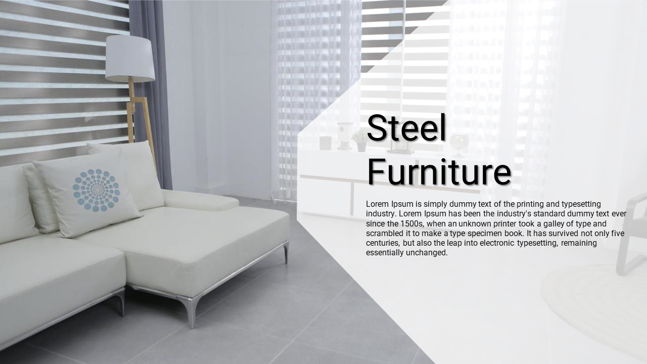 A modern steel frame sofa with white cushions, placed against a neutral wall with striped blinds and minimalistic decor.
