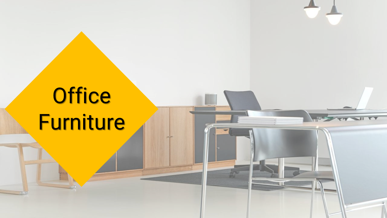 Clean office with a wooden cabinet, modern desk, and chair, with a yellow diamond shape labeling Office Furniture.