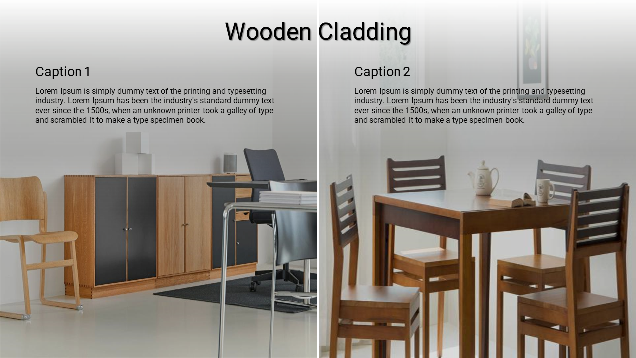 A split slide with 2 wooden furniture setups one with a modern office cabinet and chair, the other with wooden dining table.