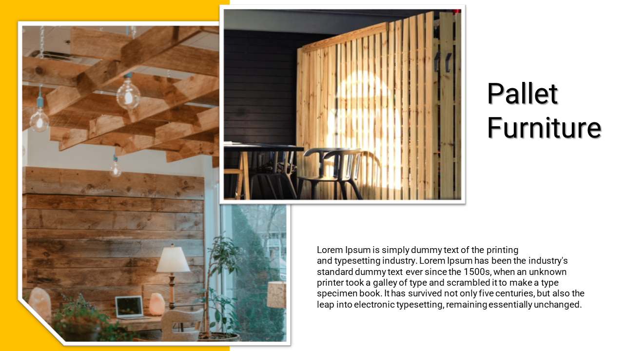 Pallet furniture design featuring a wooden ceiling with lightbulbs and a wooden partition separating a stylish seating area.