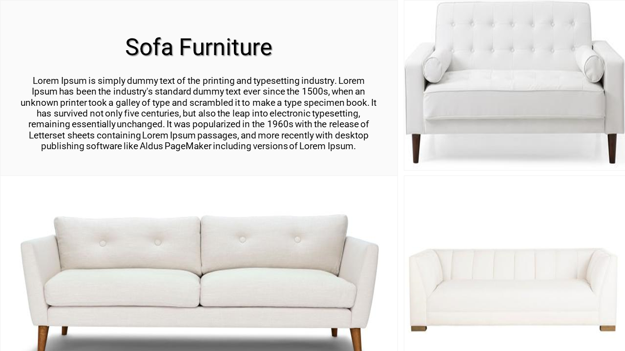 A slide showcasing 3 different white sofas a small two seater, a larger three seater, and a long sectional couch.