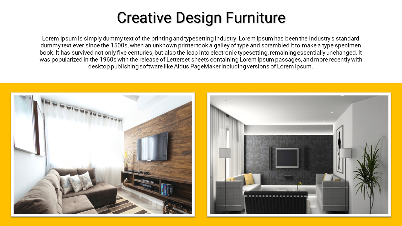 Creative design furniture with two modern living room setups, one featuring a brown sofa and a wooden wall unit.
